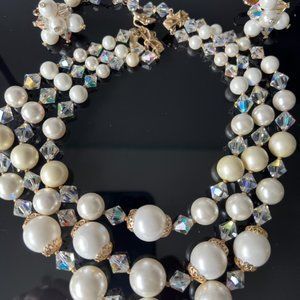Vintage Vendome 3 Strand Faux Pearl AB Crystal Gold Filigree Necklace Earrings